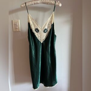 Vintage Wendy Ann Forest Emerald Green Floral Lace Silky Nighty Slip Dress SM